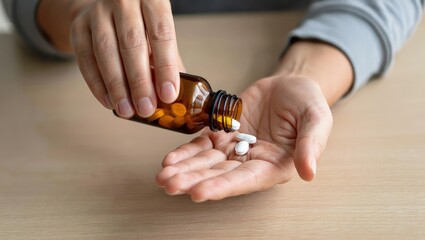 Sick ill asian young woman, girl hold tablet pill on hand pour capsule from medication bottle, painkiller medicine from stomach pain, head ache, pain for treatment, take drug or vitamin, health care.