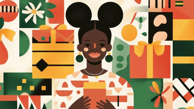 A festive illustration of a person with Mickey ears surrounded by colorful gifts and patterns