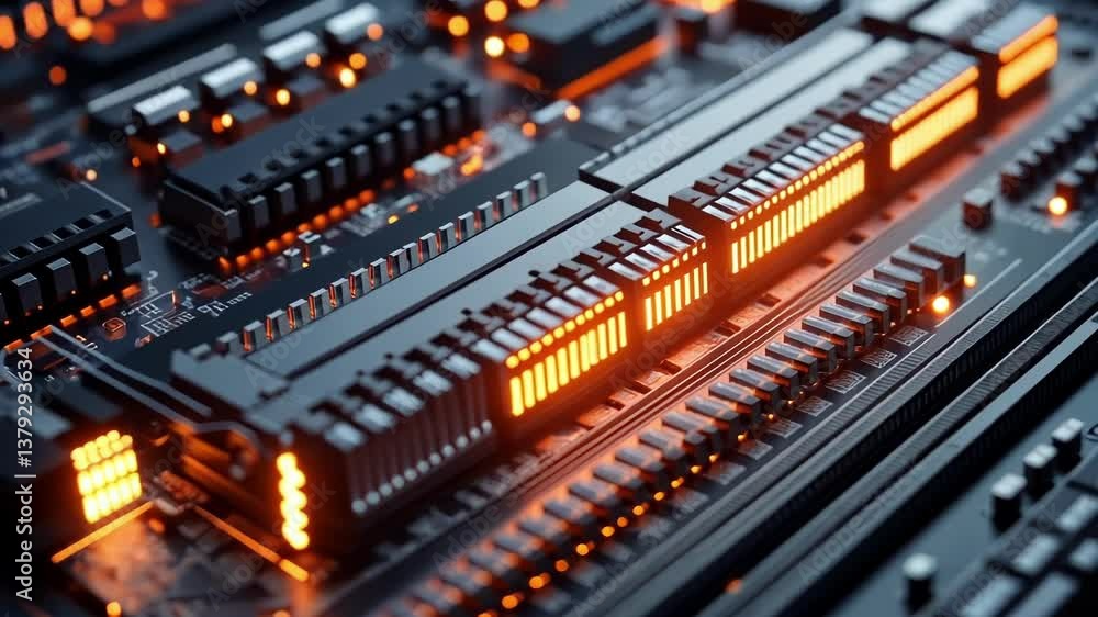 Poster close up view of glowing ram memory modules installed on a motherboard, highlighting the critical ro
