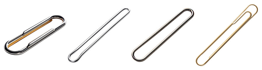Obraz premium Variety of Paper Clips in Different Designs and Finishes, Isolated on Transparent Background