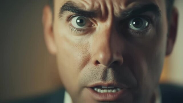 Close up portrait of a shocked politician making a grimace, his wide eyes and open mouth conveying surprise and disbelief, possibly reacting to unexpected news or a political scandal