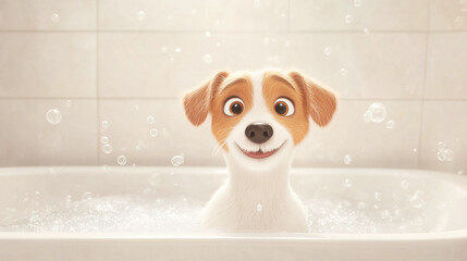 Happy dog enjoying a bath with bubbles in a clean bathroom  