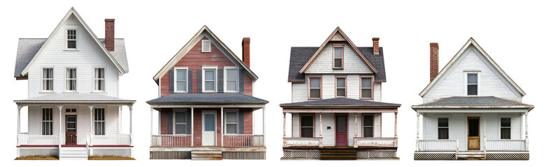 Vintage American Houses with Classic Architecture and Charming Details, Isolated on Transparent Background
