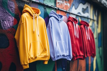 Obraz premium Explore vibrant streetwear collection featuring colorful hoodies and sneakers against an urban graffiti backdrop for a stylish street vibe