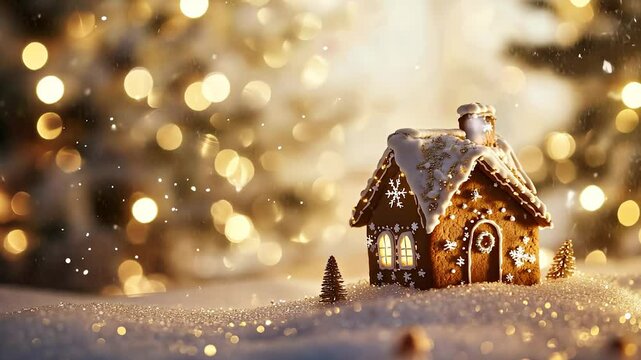 Gingerbread house with lights. A blurry background of a house with a toy. Snowflakes glare at the light. A lit-up gingerbread house lifestyle.