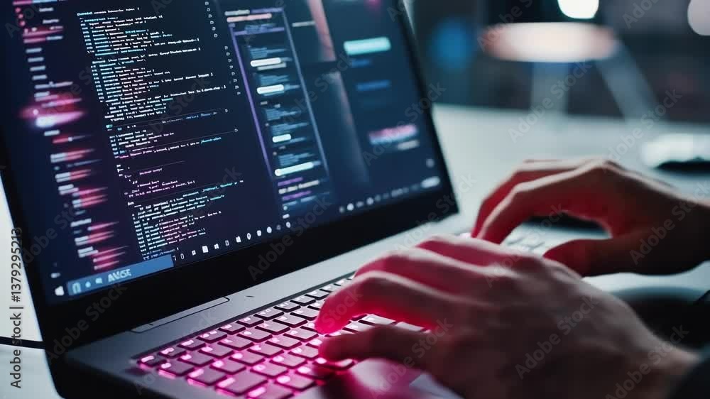 Poster close up of hands typing code on a laptop keyboard with complex software displayed on the screen, su