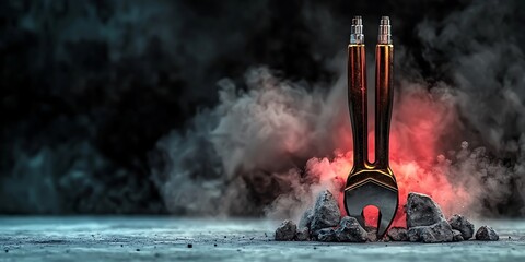 A striking image of a wrench emerging from rocky terrain with dramatic smoke effects in the background