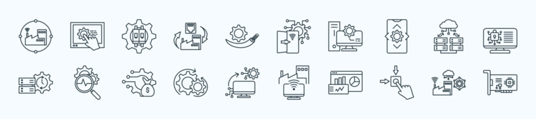 Industrial communication network thin icon set containing communication network, human machine interface, switches, ethernet, fiber optic
