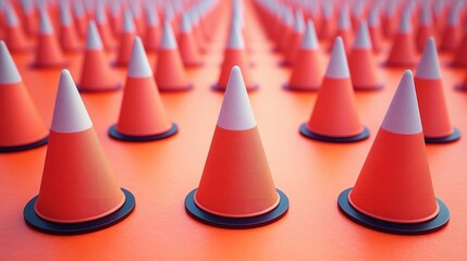 Rows of Traffic Cones on Orange Background Industrial Safety Warning Orange Road Barrier Construction Symbol