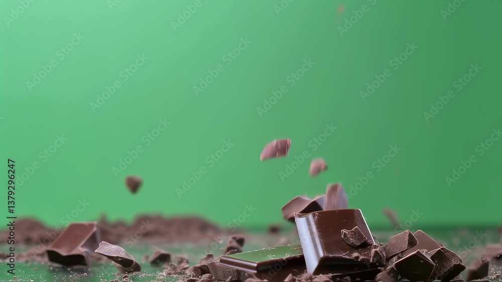 Aufkleber pieces of dark chocolate bar exploding on green screen background, creating a slow motion effect sui