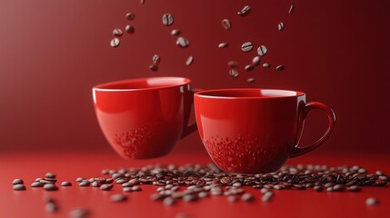 Fototapeta premium Floating Red Disposable Coffee Cups Above Red Background Minimalist Design 3D Render