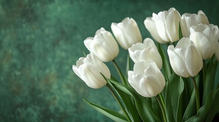 Fototapeta premium Elegant White Tulips Bouquet Spring Flowers Floral Nature Photography Beautiful Delicate Romantic Soft Pastel Green Background Fresh Blossom Floral Design Pretty Springtime White Tulips Macro Shot 