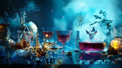 Colorful cocktail glasses with magical lighting