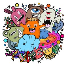 Hand-drawn illustrations, monsters doodle, Hand Drawn cartoon monster illustration,Cartoon crowd doodle hand-drawn Doodle style.