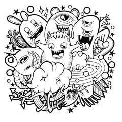 Hand-drawn illustrations, monsters doodle, Hand Drawn cartoon monster illustration,Cartoon crowd doodle hand-drawn Doodle style.black and white stripes coloring  book.