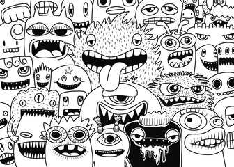 Hand-drawn illustrations, monsters doodle, Hand Drawn cartoon monster illustration,Cartoon crowd doodle hand-drawn Doodle style.black and white stripes coloring  book. © ohhh_photo