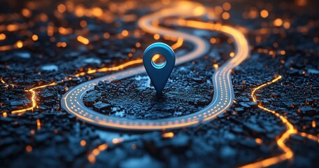 3D Blue Location Pin on Minimalist Road Map for Travel Navigation and Direction Sign