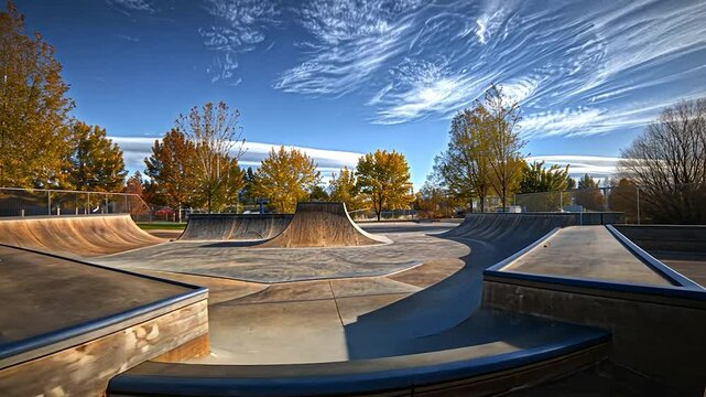 Autumnal Skatepark: Concrete Curves Under a Blue Sky