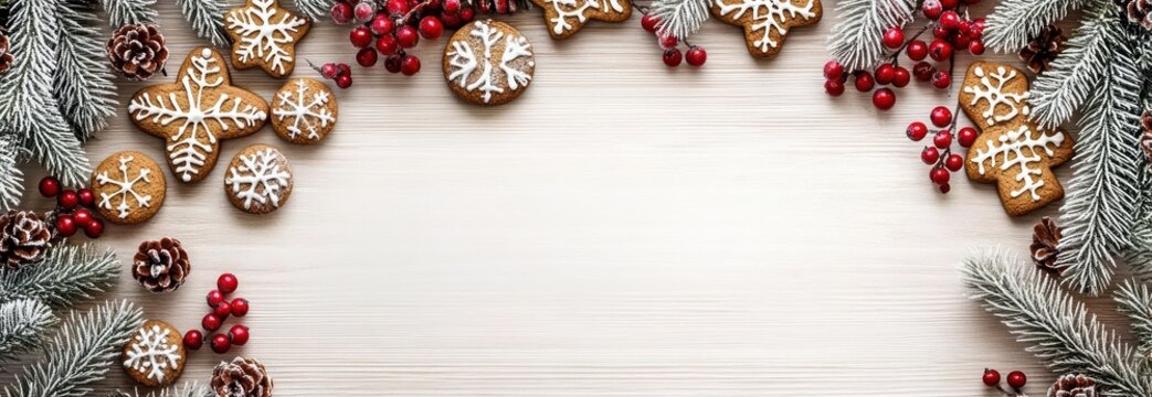 Cozy Christmas-themed flat lay with gingerbread cookies frosted pine branches and red berries on wooden background