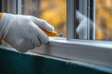 Repairing Sliding Window Frame Adjusting Level of Rail Wheel Construction Work with White Gloves