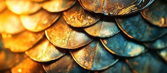 Fototapeta premium Golden, overlapping scales; textured, metallic surface