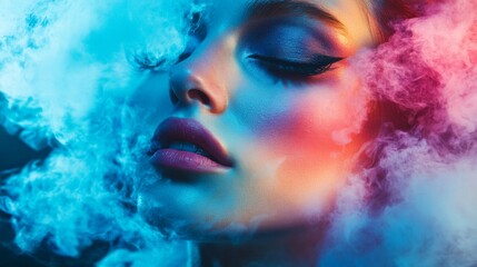 Fantasy portrait of woman in blue and pink fog