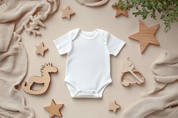 Flat Lay Mockup of White Baby Onesie with Wooden Stars and Rocking Horse Toy for Brand Advertising and Design