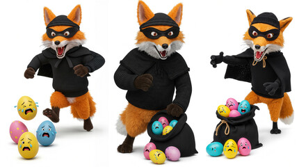 Easter Egg Thief Storybook Cartoon Series: Humorous children's book 3D illustration of fox stealing crying Easter eggs for spring posters, children’s books. Use with Easter Rabbit Superhero.