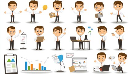 Businessman Cartoon Character Poses Presentations  Office Scenes