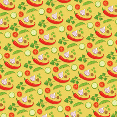 Spice food vector, fruits and vegetables seamless repeat pattern design background, gift wrap paper