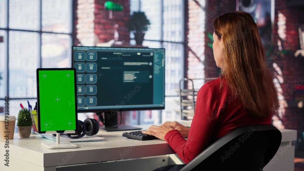 Poster mature adult utilizes a digital ai tool on web interface next to green screen, remote work. artifici