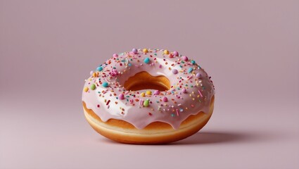 Single Pink Donut with Rainbow Sprinkles on Purple - Perfect for Food Blogs and Donut Shop Promotions