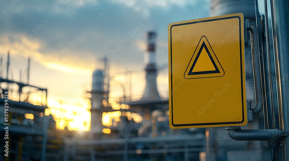 Poster close up of a prominent yellow warning sign mounted on an industrial electrical grid emphasizing the