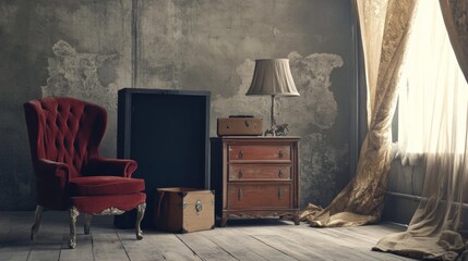 Vintage interior room with red chair and warm light