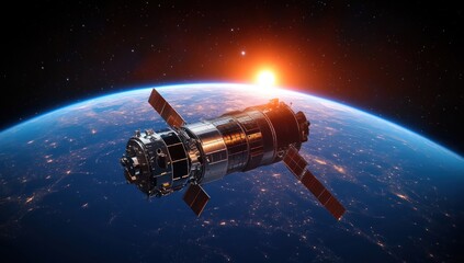 Space Satellite Orbiting Earth with Sunlight in Distance and Vibrant Starry Sky