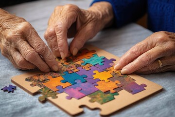 Caregiver and elderly woman solving colorful wooden puzzle together for dementia prevention and emotional connection
