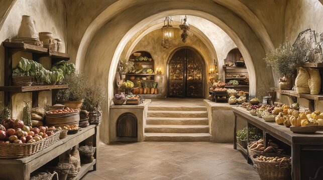 A rustic kitchen filled with fresh produce wooden shelves and warm lighting perfect for culi