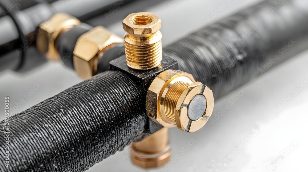 Poster A close up view of a water pressure regulator system showcasing the intricate brass fittings and components that control the flow and distribution of water