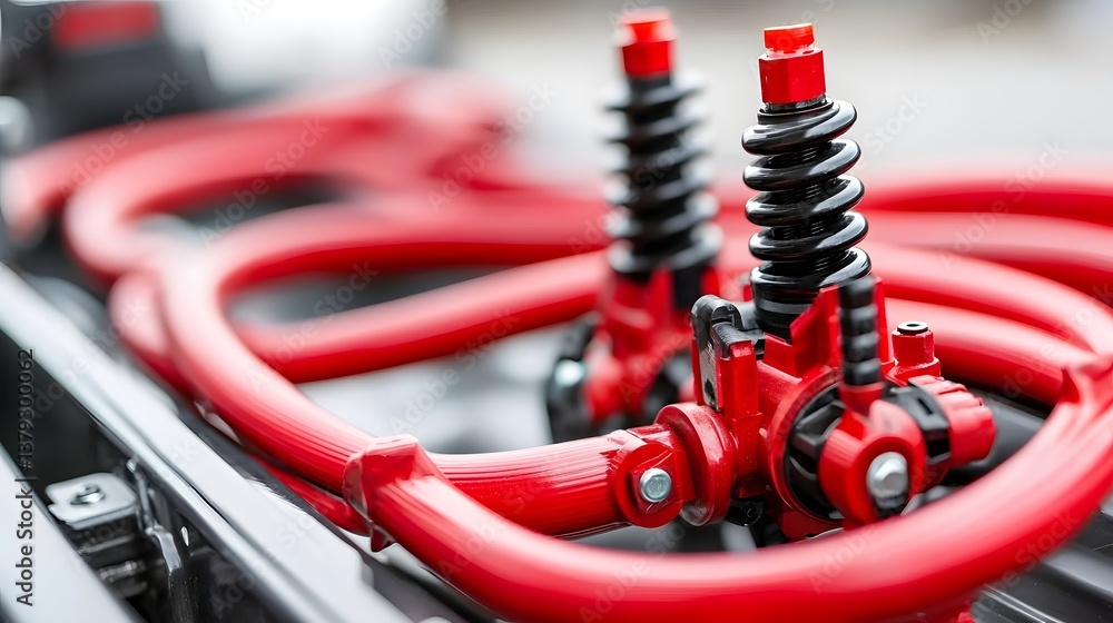Poster A close up view of a red coiled plumbing auger and drain snake tools used for clearing blockages and obstructions in pipes and drains