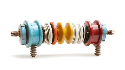 A close up view of various high voltage electrical insulators in different shapes and colors isolated on a clean white background