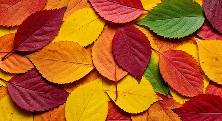 A variety of colorful autumn leaves in red, yellow, orange, and one green leaf.