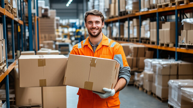 A happy worker in an orange safety uniform, smiling and lifting boxes or packages in a warehouse or factory setting. The scene should show him carrying items with ease and enthusiasm, surrounded by sh