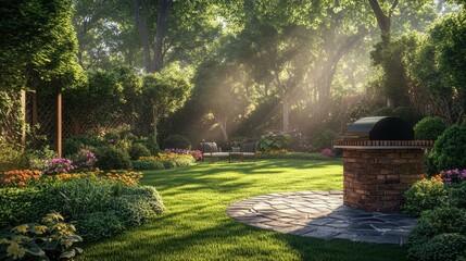 Fototapeta premium Serene Backyard Garden with Lush Greenery and Outdoor Grilling Area