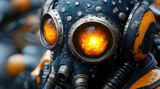 A menacing creature with glowing red eyes is encased in a weathered shabby helmet for the design of horror, sci-fi concepts and dark fantasy themes.