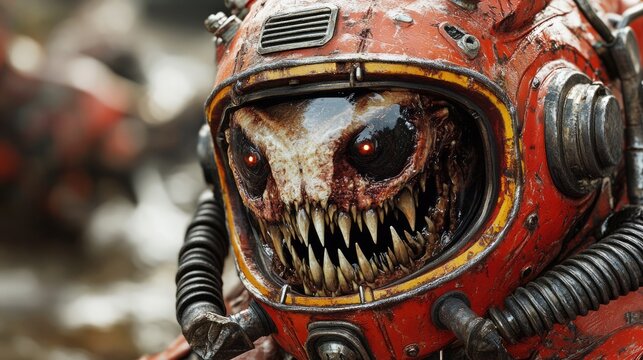 A menacing creature with glowing red eyes is encased in a weathered shabby helmet for the design of horror, sci-fi concepts and dark fantasy themes.