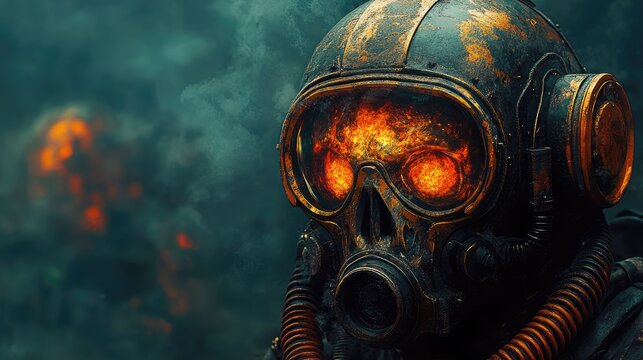 A menacing creature with glowing red eyes is encased in a weathered shabby helmet for the design of horror, sci-fi concepts and dark fantasy themes.