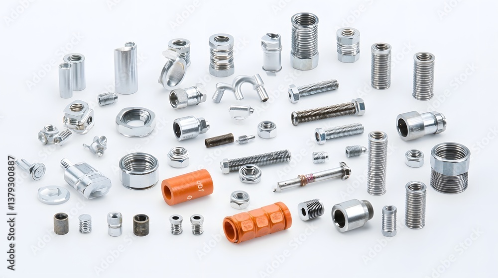 Aufkleber A diverse collection of metallic threaded pipe nipples connectors and adapters arranged on a plain white backdrop showcasing various sizes and designs for plumbing construction