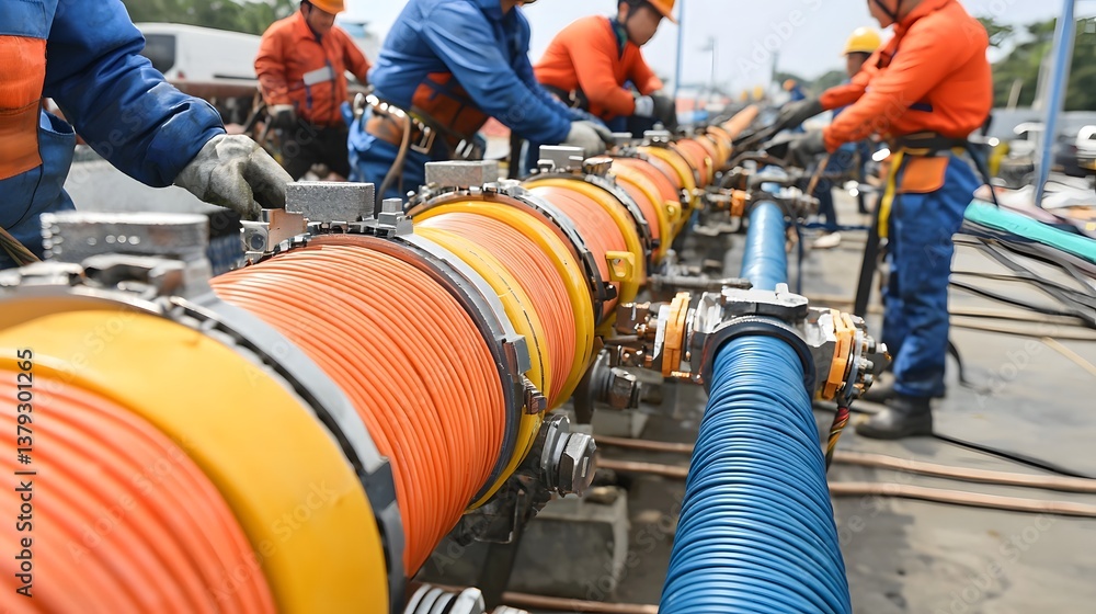 Poster a team of electrical workers using specialized tools and compression sleeves to make secure cable co