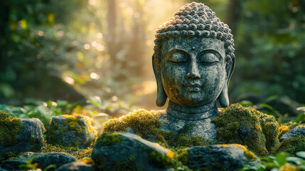 Serene Buddha statue surrounded by lush greenery and tranquil atmosphere in a peaceful forest setting