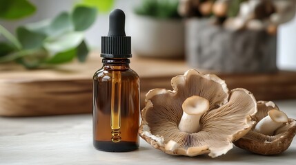 Organic Mushroom Extract Bottle Brown Glass Dropper Natural Herbal Supplement Alternative Medicine Healthy Lifestyle Product Photography Studio Shot High Quality Image Detailed View oil eco bio care  